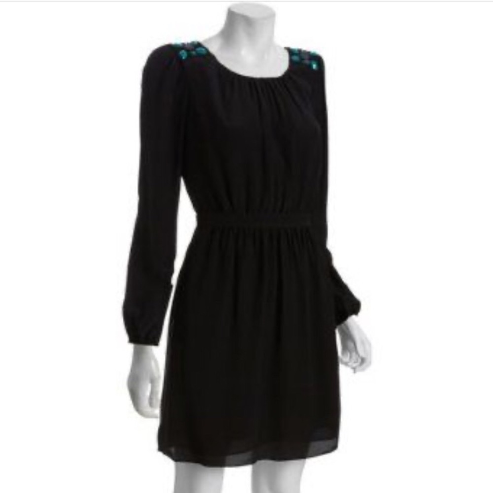 Shoshanna 100% silk black long sleeve beaded shoulder dress party fun modest